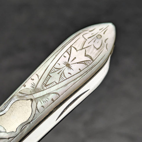 英國古董白珍珠貝殼柄不銹鋼刀片折疊水果刀